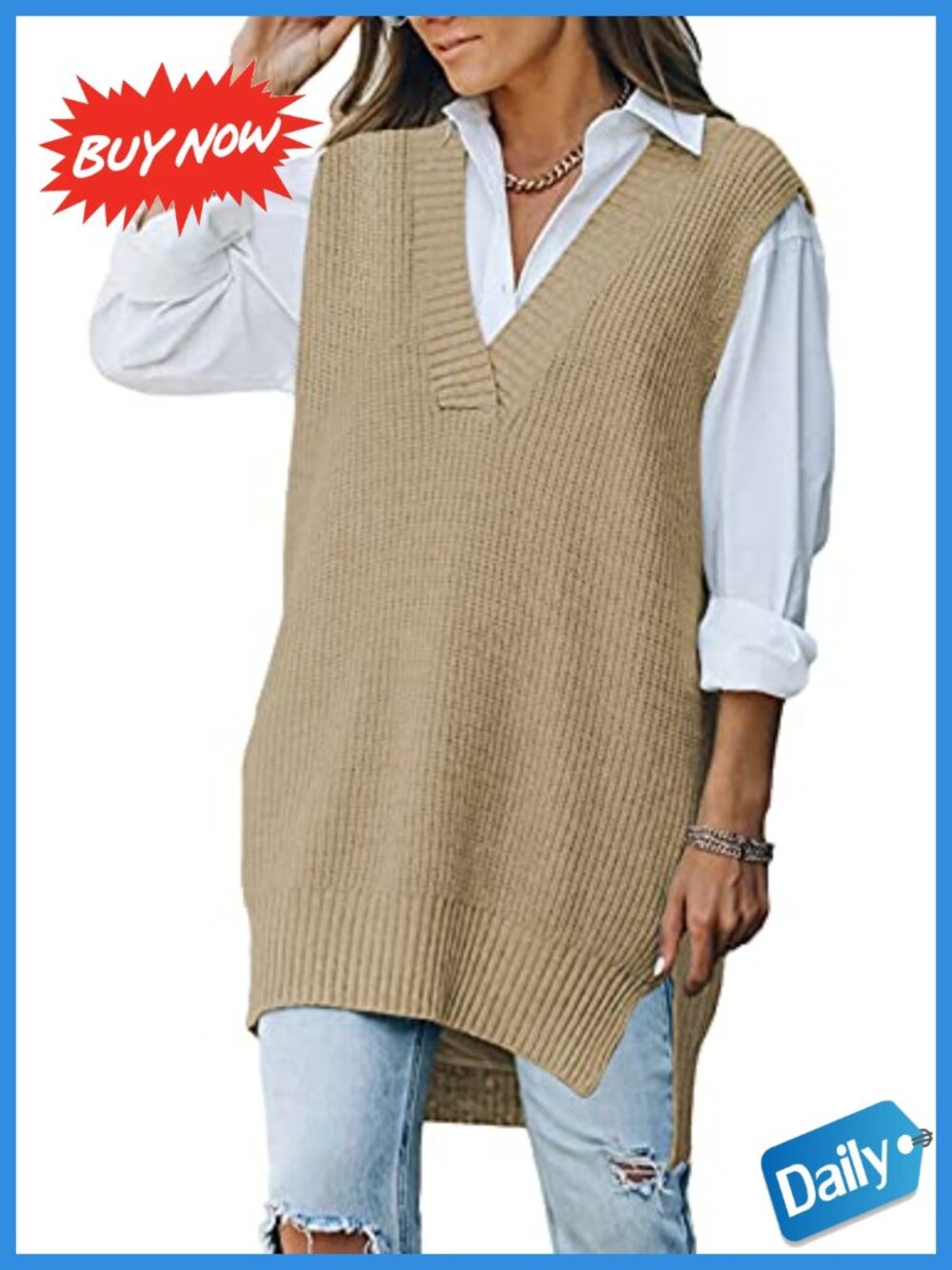 Oversized V Neck Knit Sweater Vest Tunic Sleeveless Pullover Top Relaxed Fit